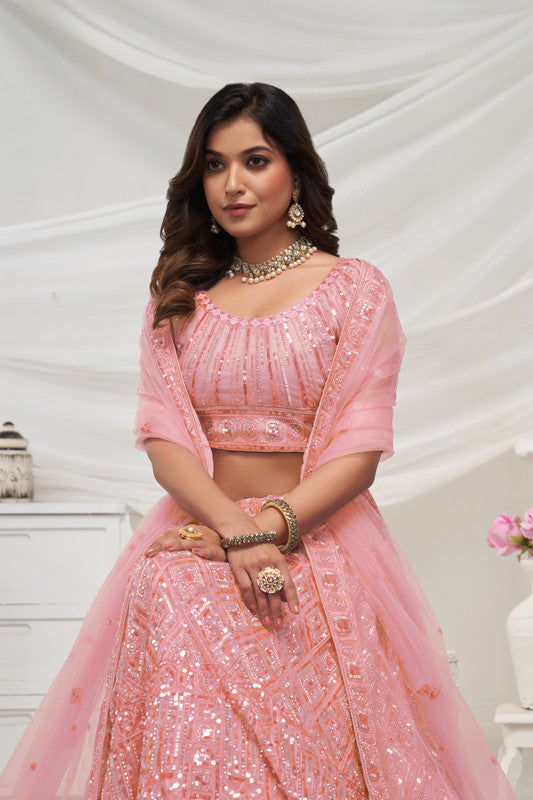 Peach Coloured with Adorned with Diamond Patterns Embodded with Sequins white pearl work Women Ethnic Party wear Lehenga Choli with Dupatta!!