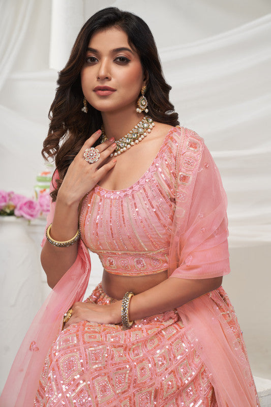 Peach Coloured with Adorned with Diamond Patterns Embodded with Sequins white pearl work Women Ethnic Party wear Lehenga Choli with Dupatta!!