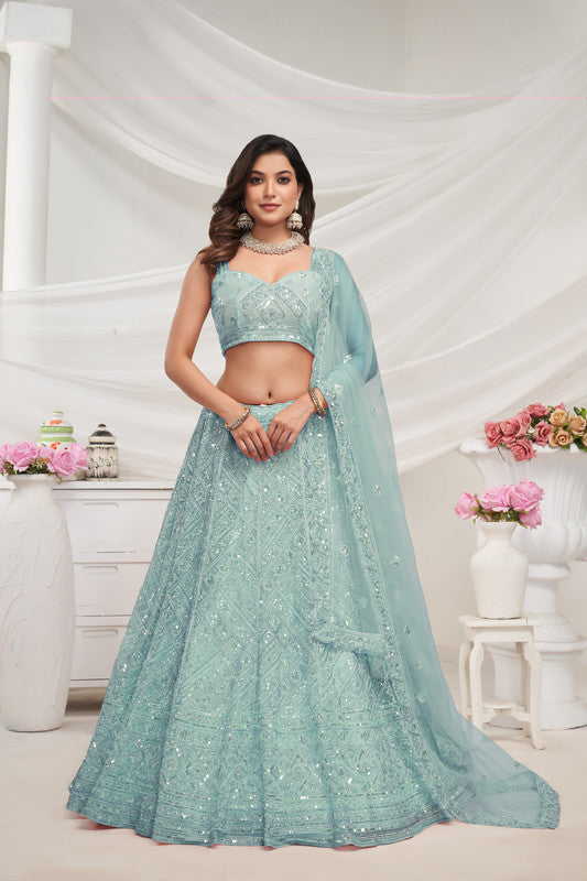 Sky Blue Coloured with Zig-Zag Patterns with Sequins and Cut Dana Embellishments Work Women Ethnic Party wear Lehenga Choli with Dupatta!!