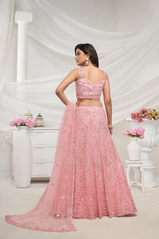 Peach Coloured with Adorned with Diamond Patterns Embodded with Sequins white pearl work Women Ethnic Party wear Lehenga Choli with Dupatta!!