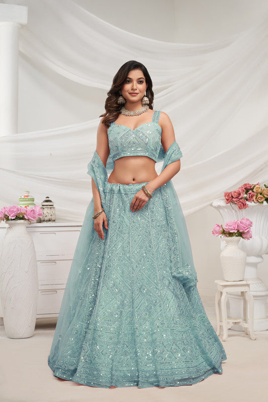 Sky Blue Coloured with Zig-Zag Patterns with Sequins and Cut Dana Embellishments Work Women Ethnic Party wear Lehenga Choli with Dupatta!!