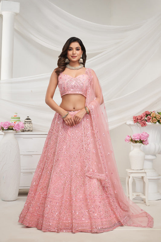 Peach Coloured with Zig-Zag Patterns with Sequins and Cut Dana Embellishments Work Women Ethnic Party wear Lehenga Choli with Dupatta!!