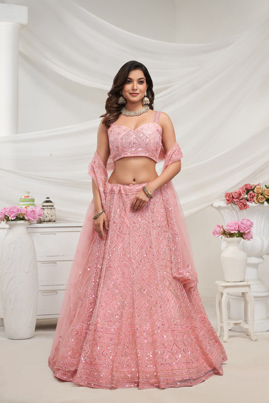 Peach Coloured with Zig-Zag Patterns with Sequins and Cut Dana Embellishments Work Women Ethnic Party wear Lehenga Choli with Dupatta!!