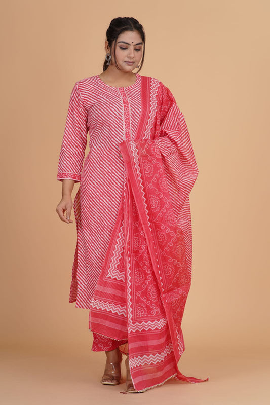 Dark Pink with White Coloured Pure Cotton with Beautiful Hand Print Woman Party/Casual wear Designer Stitched Suit with Salwar & Dupatta!!