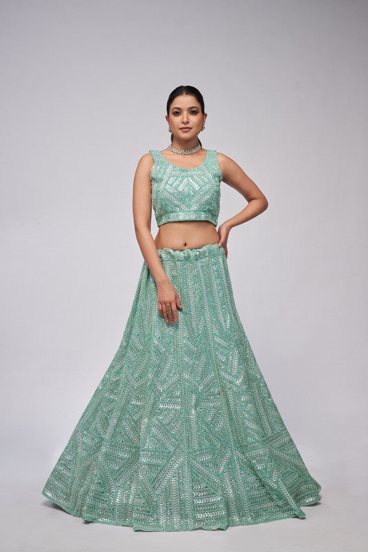 Sky Blue Coloured with Delicate Sequins work are Adroned Vertically Leaves across the Skirt Women Ethnic Party wear Lehenga Choli with Dupatta!!