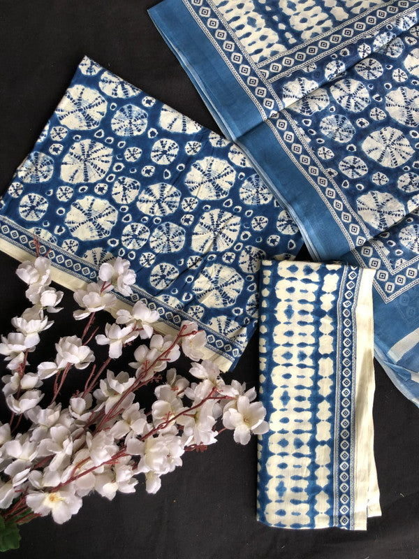 Blue & White Coloured Pure Cotton with Hand block Printed Women Party/Casual wear Dress Material Suit- Top with Bottom & Mul Cotton Dupatta!!