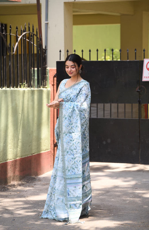 Sky Blue & Multi Coloured Heavy Linen with Beautiful Digital Print Women Party/Casual wear Cotton Saree with Running Blouse!!