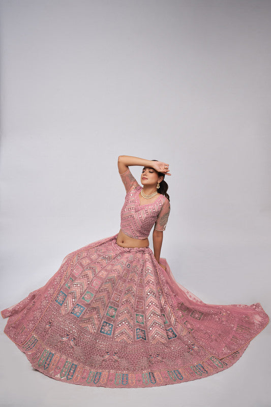 Dusty Mauve Coloured with Intricate Floral Art of Nouveau Patterns & Zari Embroidery in Peacock Women Ethnic Party wear Lehenga Choli with Dupatta!!