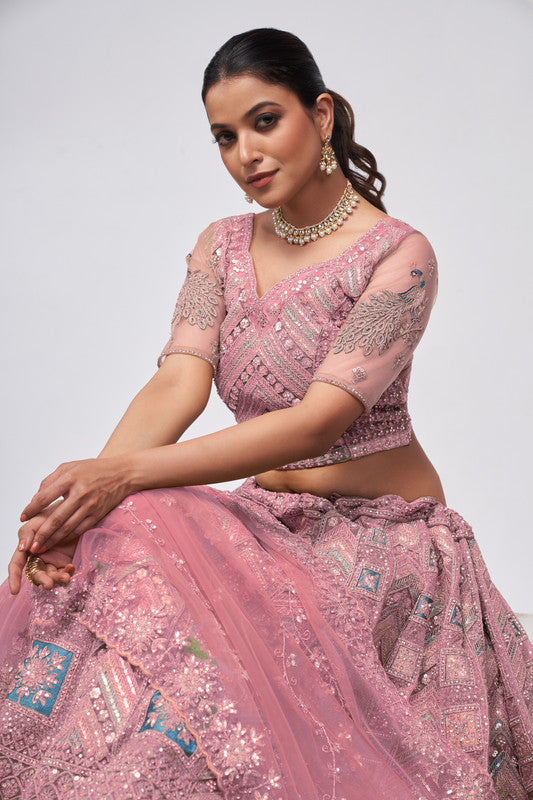 Dusty Mauve Coloured with Intricate Floral Art of Nouveau Patterns & Zari Embroidery in Peacock Women Ethnic Party wear Lehenga Choli with Dupatta!!