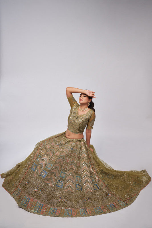 Green Coloured with Intricate Floral Art of Nouveau Patterns & Zari Embroidery in Peacock Women Ethnic Party wear Lehenga Choli with Dupatta!!