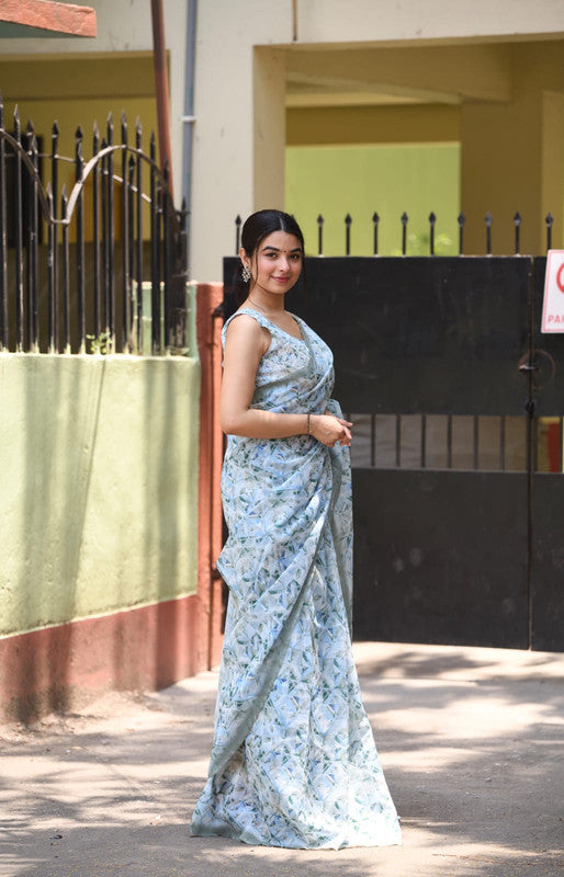 Sky Blue & Multi Coloured Heavy Linen with Beautiful Digital Print Women Party/Casual wear Cotton Saree with Running Blouse!!