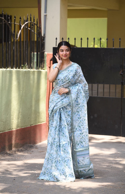 Sky Blue & Multi Coloured Heavy Linen with Beautiful Digital Print Women Party/Casual wear Cotton Saree with Running Blouse!!