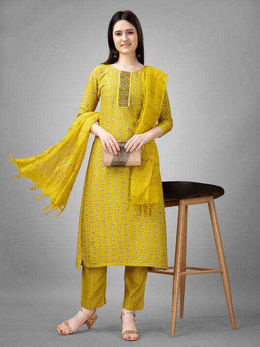 Mustard Yellow Coloured Rayon with Print & Embroidery Lace work Women Designer Party wear Kurta with Pant & Silk Blend Dupatta!!