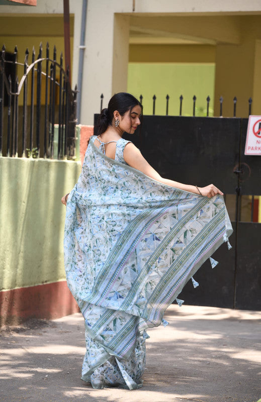 Sky Blue & Multi Coloured Heavy Linen with Beautiful Digital Print Women Party/Casual wear Cotton Saree with Running Blouse!!