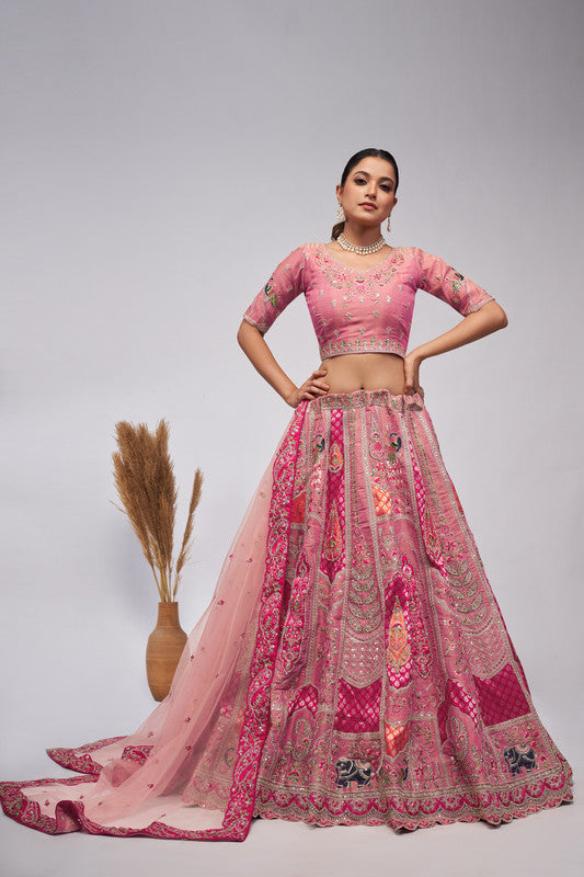 Pink Coloured with Motifs & Embroidered Silk Patches all over the Skirt and hand work Women Ethnic Party wear Lehenga Choli with Dupatta!!