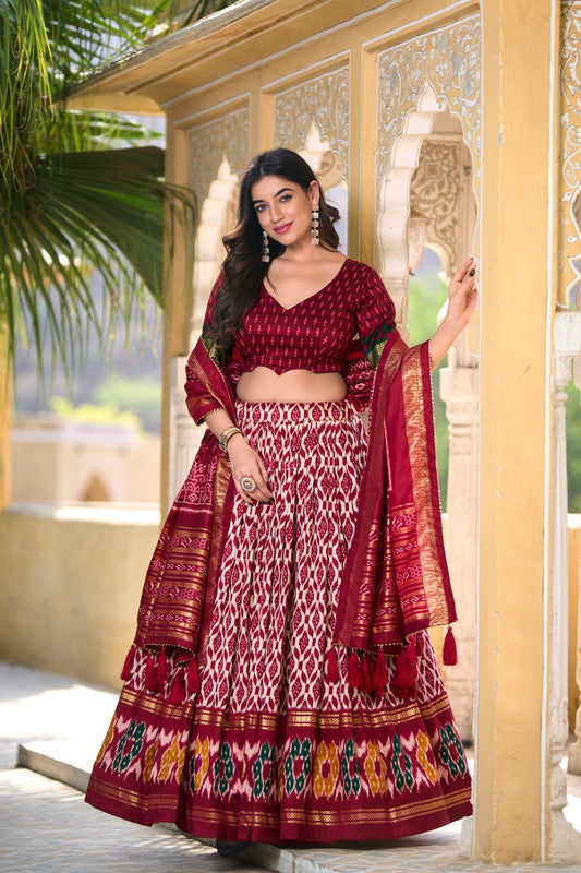 Maroon & Multi Coloured Tussar Silk with Beautiful Ikkat Print & Foil work Women Ethnic Festival wear Lehenga Choli & Dupatta!!