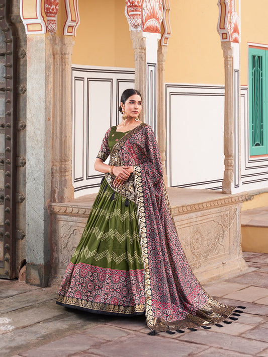 Mehendi Green & Multi Coloured Tussar Silk Dot And Ajarakh With Foil Print Woman Designer Party wear Lehenga choli & Dupatta!!