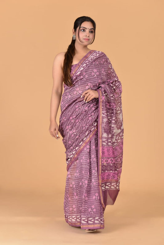 Onion Pink & Multi Coloured Chanderi Silk with Hand Block Printed Women Party/Traditional Wear Chanderi Silk Saree with Blouse!!