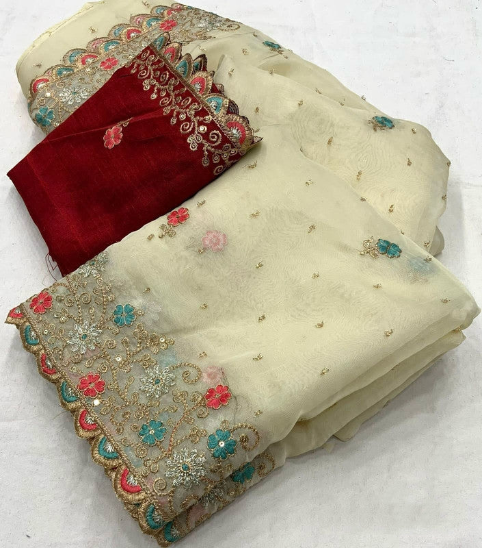 Off White Coloured Soft Organza with Zari woven, Sequence Embroidery work Women Ethnic/Party wear Organza Butti Saree with Blouse!!