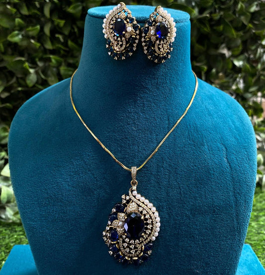 Gold with Navy Blue Coloured American Diamonds with CZ Gold Plated Women Designer Exclusive Chain Necklace Set with Earrings!!