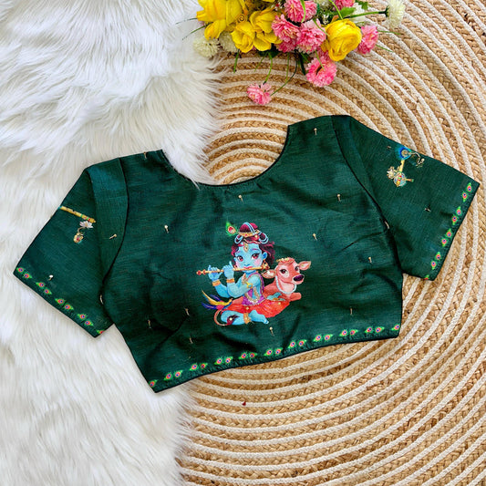 Green Coloured Pure silk with Antique Handcrafted Work & Sri Krishna Print Woman Designer Ethnic/Partywear Ready made Blouse - 38 Size Fits Up to 42 Inch!!