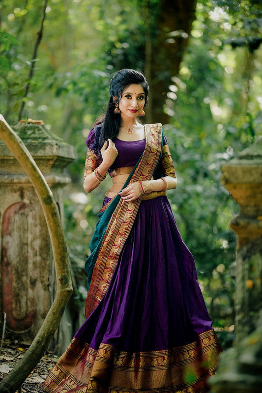 Purple & Multi Coloured Narayan pet (Cotton) with Zari Weaving Work Women Ethnic Party wear Lehenga choli ( Half Saree) with Dupatta & Belt!!