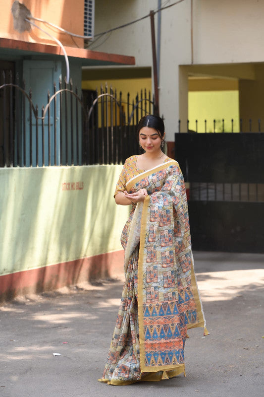 Beige & Multi Coloured Heavy Linen with Beautiful Digital Print Women Party/Casual wear Cotton Saree with Running Blouse!!