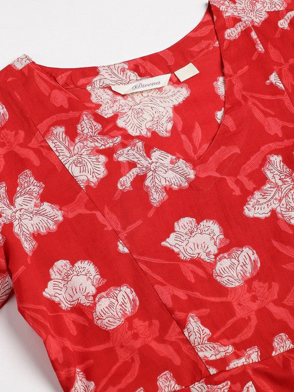 Red & White Coloured Pure Cotton Floral Printed V-Neck Peplum Women Party/Daily wear Western Top with Trousers Co-Ords!!