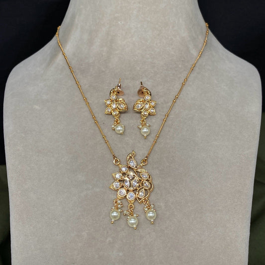 Gold & White Coloured Pure Brass and Copper Women Designer Gold Plated Pendent Necklace with Earrings Set!!