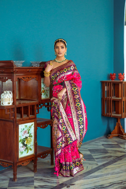 Dark Pink with Brown & Multi Coloured Banarasi Silk Paithani Patola Meenakari Work Women Ethnic wear Soft Silk Saree with Contrast Brocade Blouse!!