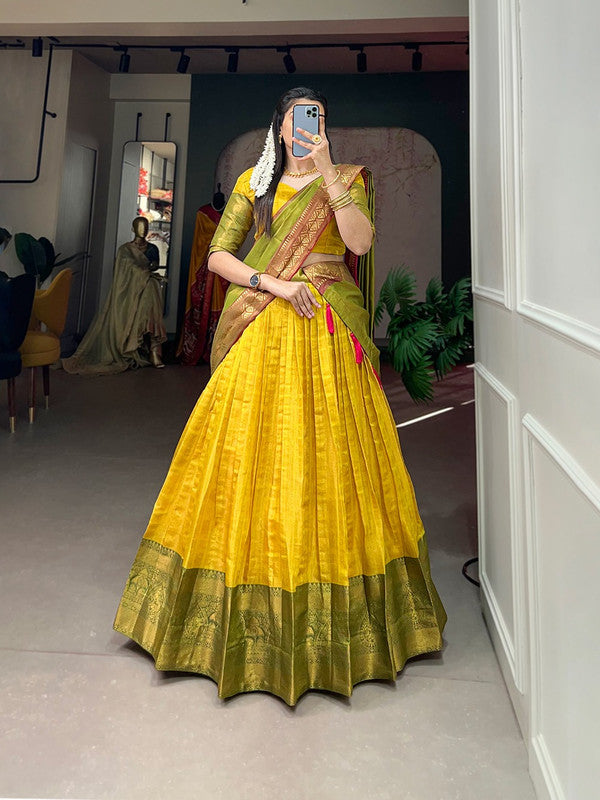 Yellow & Parrot Green Coloured Kanjivaram with Zari Weaving Work Women Ethnic Party wear Lehenga choli ( Half Saree) & Dupatta!!