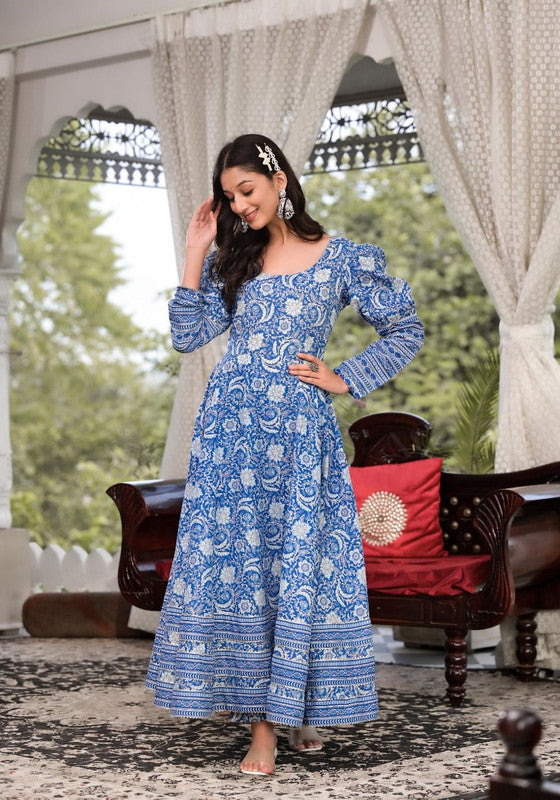 Blue & White Coloured Cotton Floral printed Round neck & long sleeves Women Designer Party/Casual wear Anarkali Kurta with Trousers!!