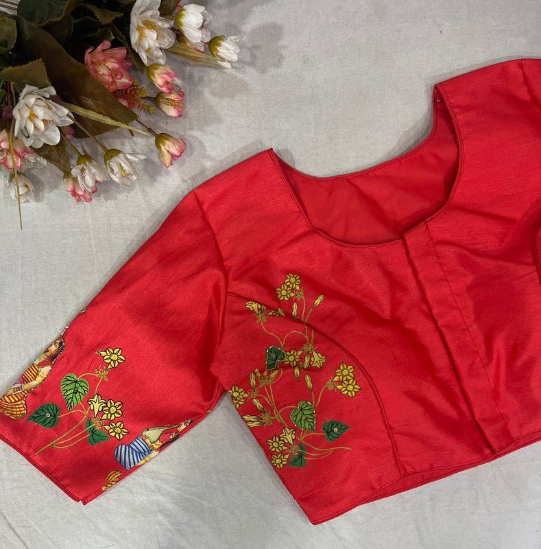 Red & Multi Coloured Pure Silk with Hand work Woman Designer Ethnic/Partywear Boutique Style Ready made Blouse - 38 Size Fits Up to 42 Inch!!