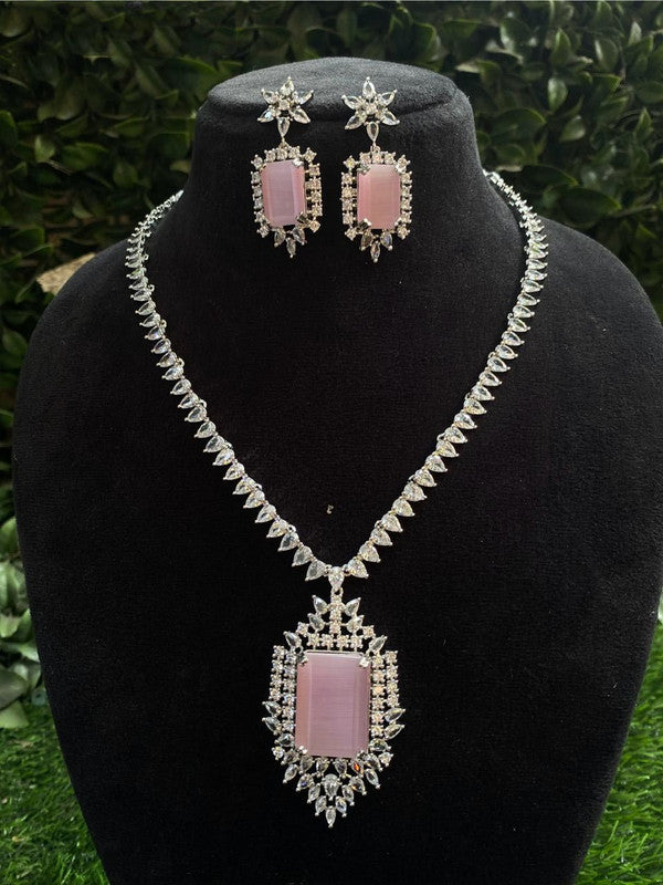 White with Light Pink Coloured Real Kundan American Diamonds with CZ Silver Plated Women Designer Beautiful Necklace Set with Earrings!!