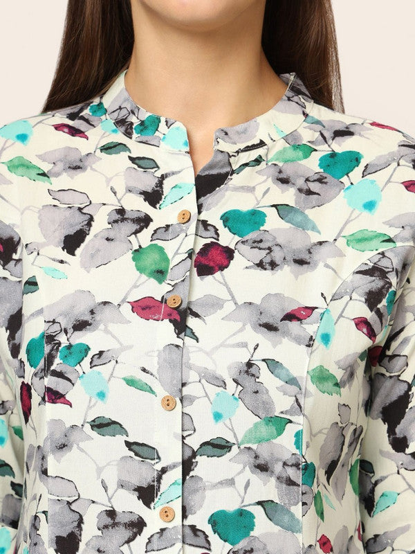 Multi Coloured Rayon with Floral print Mandarin collar roll-up sleeves Women Party/Daily wear Western Shirt Style Top!!