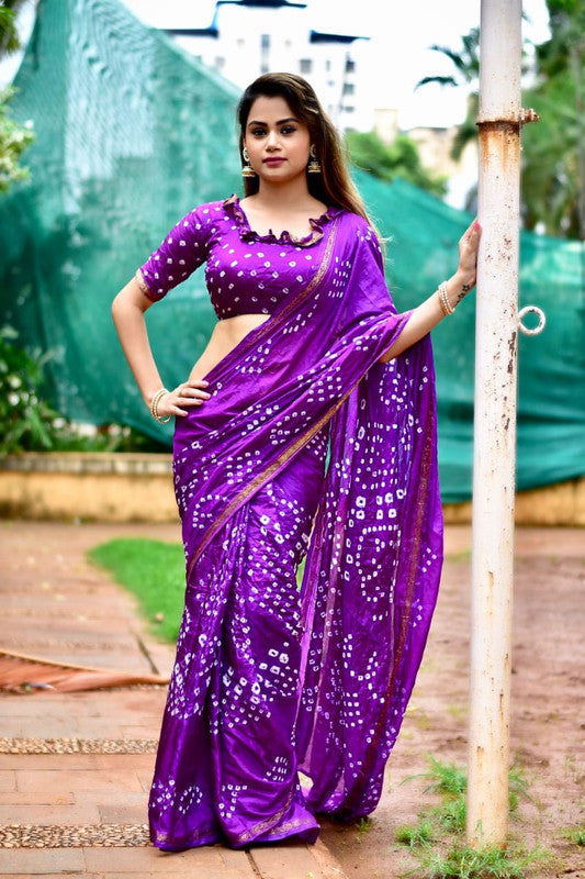 Purple Coloured Premium Silk with Beautiful Bandhani Print Women Party/Festival wear Silk Saree with Runing Blouse!!