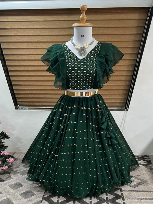 Green Coloured Heavy Faux Georgette with Miror, Embroidery Sequence and Moti Work Designer Girls Kids Designer Ethnic wear Frill Ghagra Choli set!!