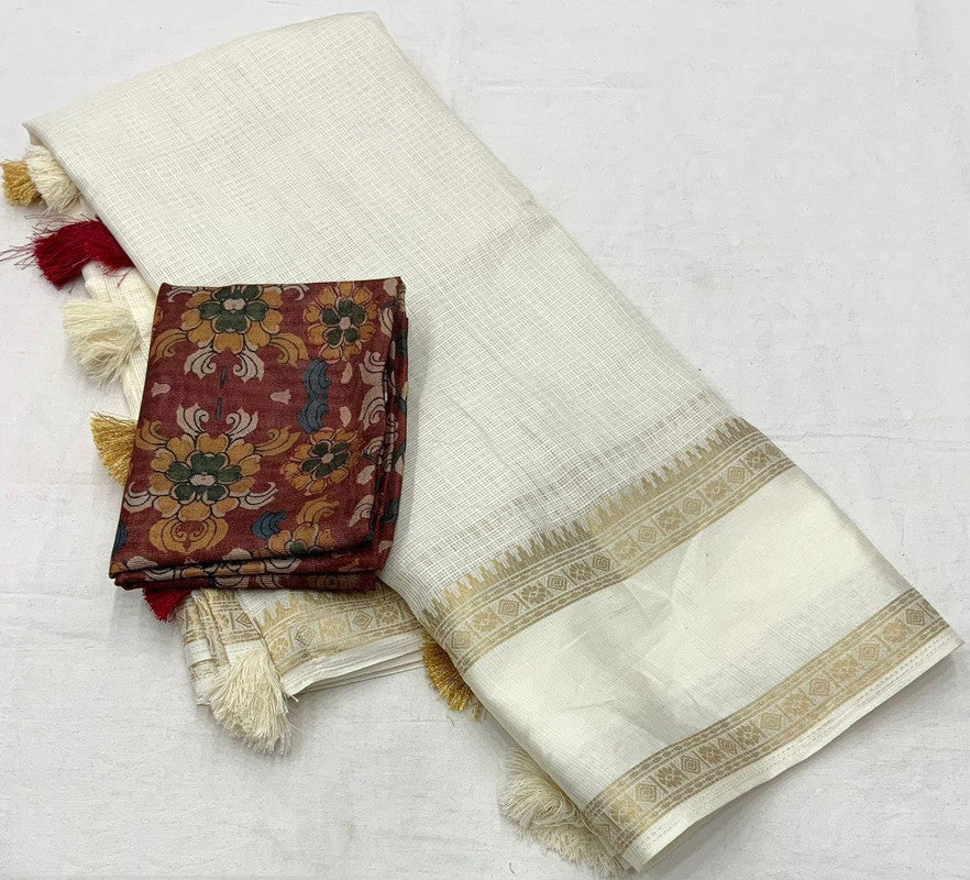 Off White Coloured Kota Silk with Zari & Shine Sartin Woven Bentex Border Women Ethnic/Festival wear Plain Kota Silk Saree with Kalamkari Blouse!!