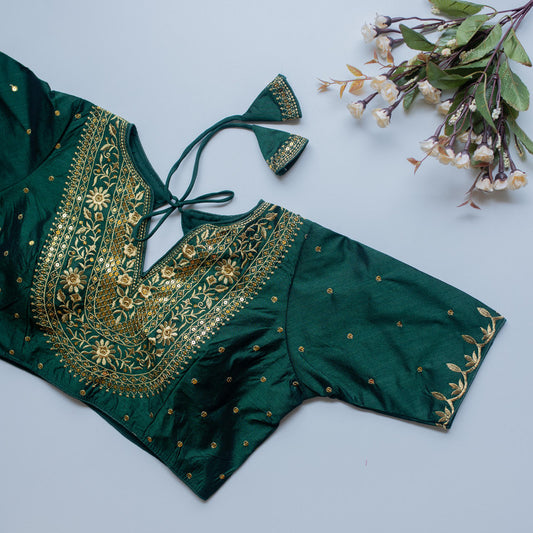 Green Coloured Olive Silk with Golden Embroidery with Sequence Work Woman Designer Ethnic/Partywear Ready made Blouse - 38 Size Fits Up to 40 Inch!!