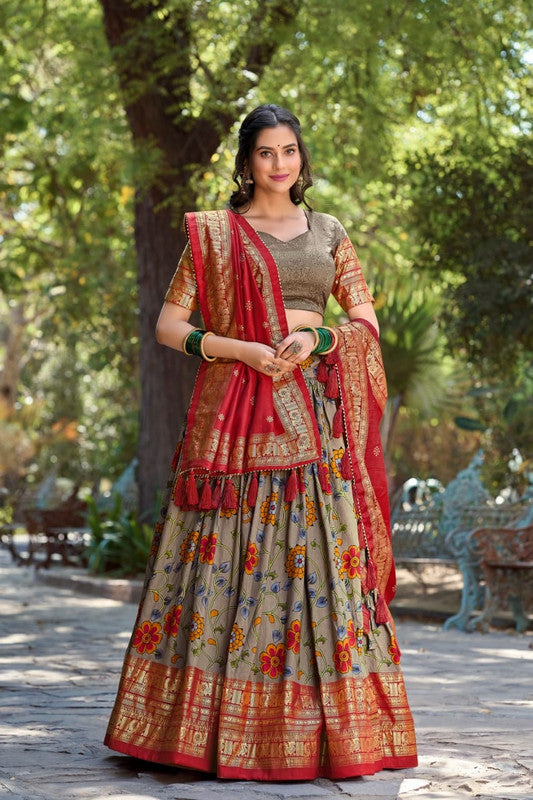 Red with Grey & Multi Coloured Tussar Silk with Kalamkari Print & Foil Print Women Ethnic Festival wear Lehenga Choli & Dupatta!!