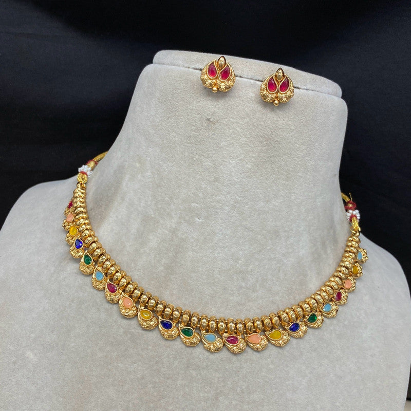 Gold & Multi Coloured Pure Brass and Copper with Real Kundan Women Designer Gold Plated Necklace with Earrings Set!!