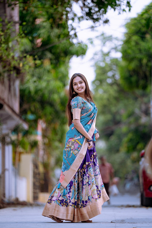 Blue & Multi Coloured Dola Silk with Kalamkari Print With Weaving Border Women Ethnic Party wear Lehenga choli ( Half Saree) with Dupatta!!