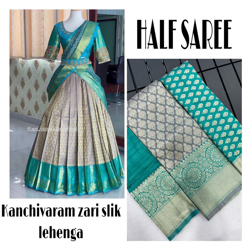 Grey & Rama Blue Coloured Kanjivaram Pattu Silk with Zari Women Ethnic Party wear Lehenga choli ( Half Saree) & Banarasi Silk Dupatta!!