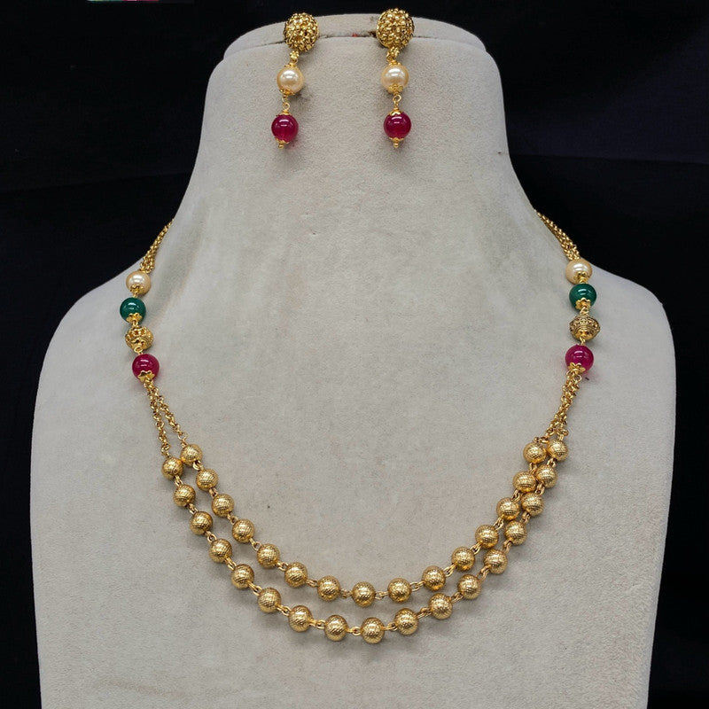 Gold & Multi Coloured Pure Brass with Perals &  One Gram Gold Plated Women Designer Beautiful Mala Set with Earrings!!