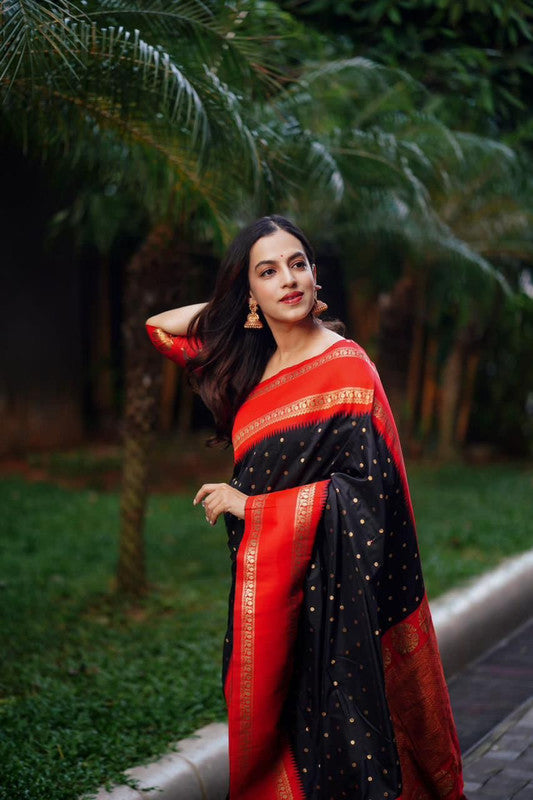 Black with Red Coloured Soft Silk with Bentex Border & Rich Pallu with Tassels Women Party/Fancy wear Soft Silk Saree with Woven Blouse!!