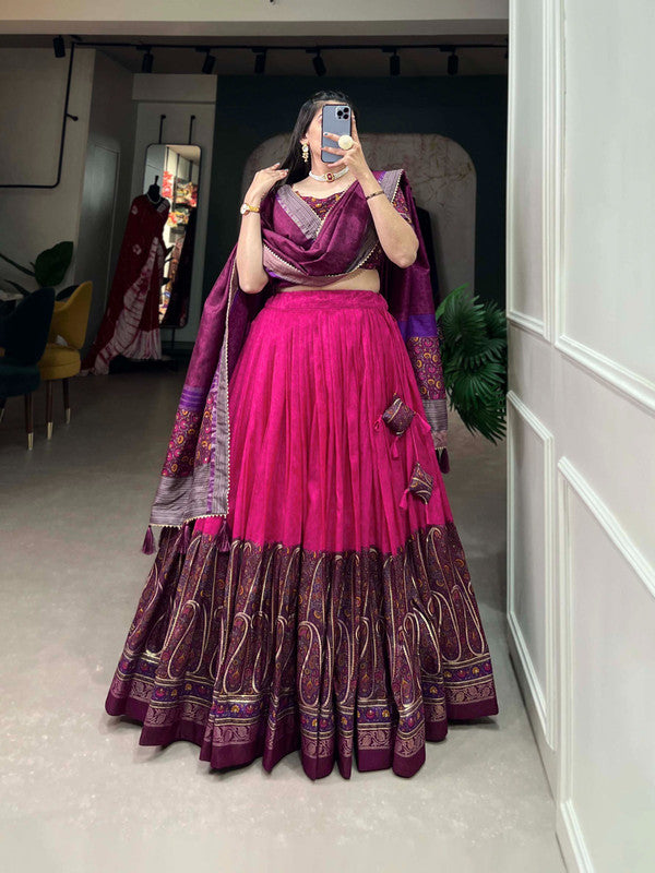 Pink with Wine & Multi Coloured Tussar Silk with Kashmiri Print & Foil Print Women Ethnic/Festival wear Lehenga Choli & Dupatta!!