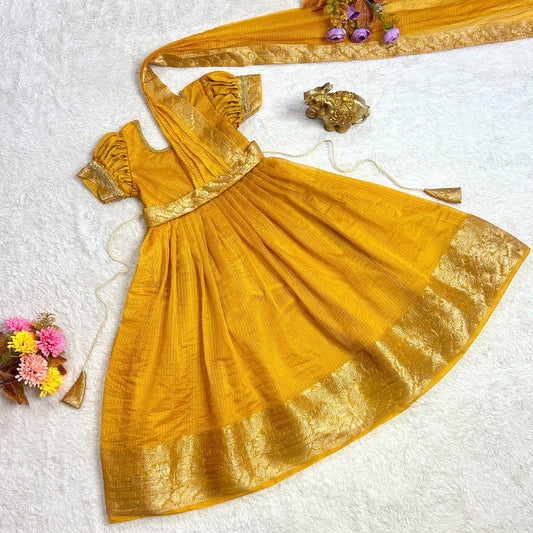 Mustard Yellow Coloured Kota Checks with Silver Zari Weaving Border & Thumar Lace Work Designer Girls Kids Designer Ethnic wear Gown with Belt & Dupatta!!