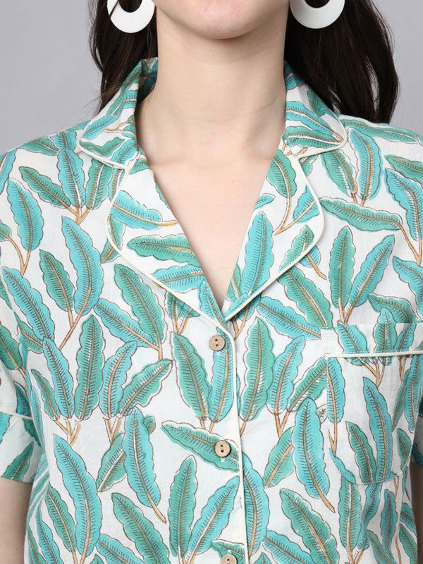 Green Coloured Pure Cotton with Floral Printed Shirt collar Short sleeves Women Casual/Daily wear Western Style Night Suit!!