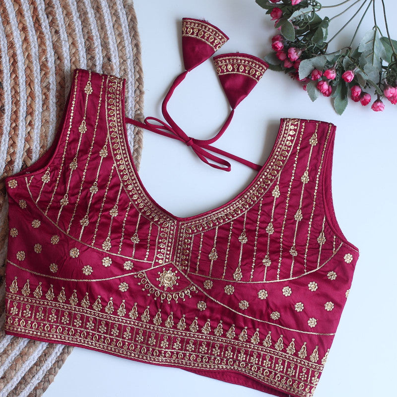 Maroon Coloured Monsoon Silk with Golden Sequence & Embroidery work Woman Designer Ethnic/Partywear Ready made Blouse - 36 Size Fits Up to 38 Inch!!