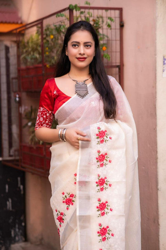 Cream Coloured Pure Linen Cotton with Silver Zari & White thread Multi Embroidery Chikankari Work Linen Saree with Phantom Silk Blouse!!